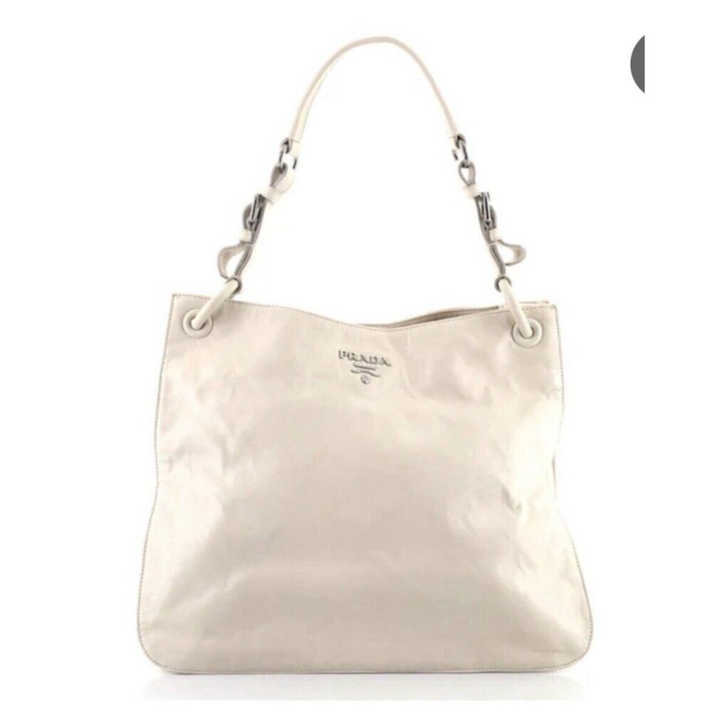 Prada Shoulder Hobo Bag White Nappa Leather Large Designer Retro AUTH - Picture 2 of 8